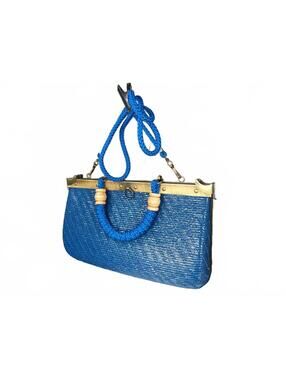 Italy Women Clutch Bag Woven Blue Straw 1970s Evening Bag